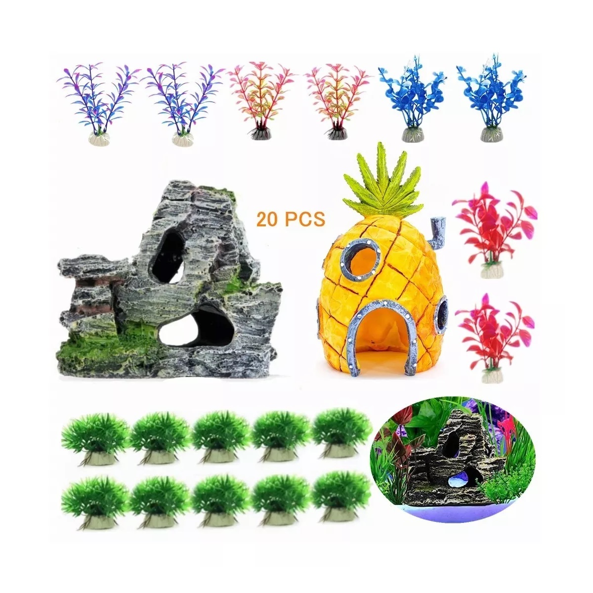 Kit 20 Pcs Acuario Pecera Plantas Artificiales Decorativas