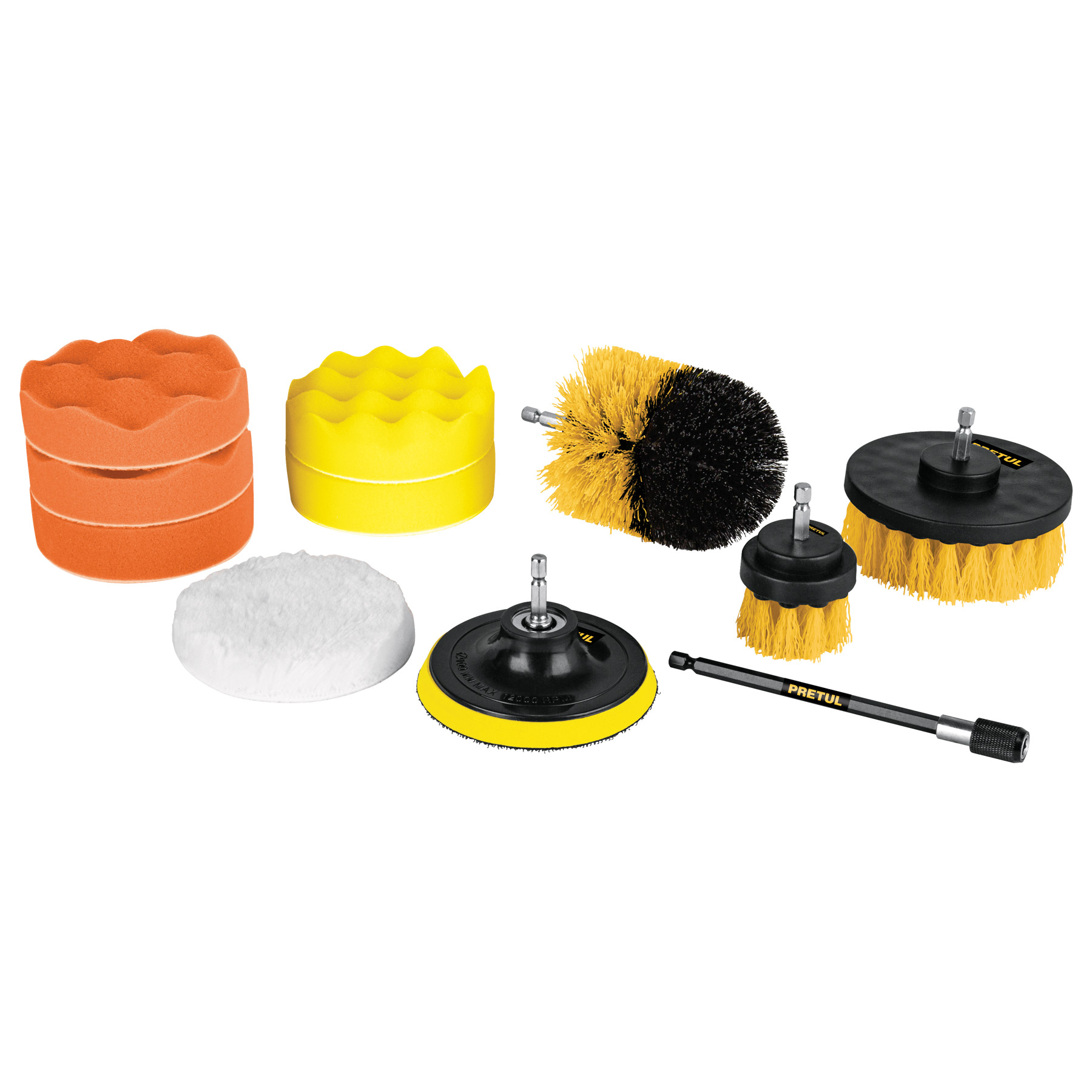 JUEGO 11 ACCESORIOS DE LIMPIEZA Y PULIDO P/TALADRO, PRETUL 27190