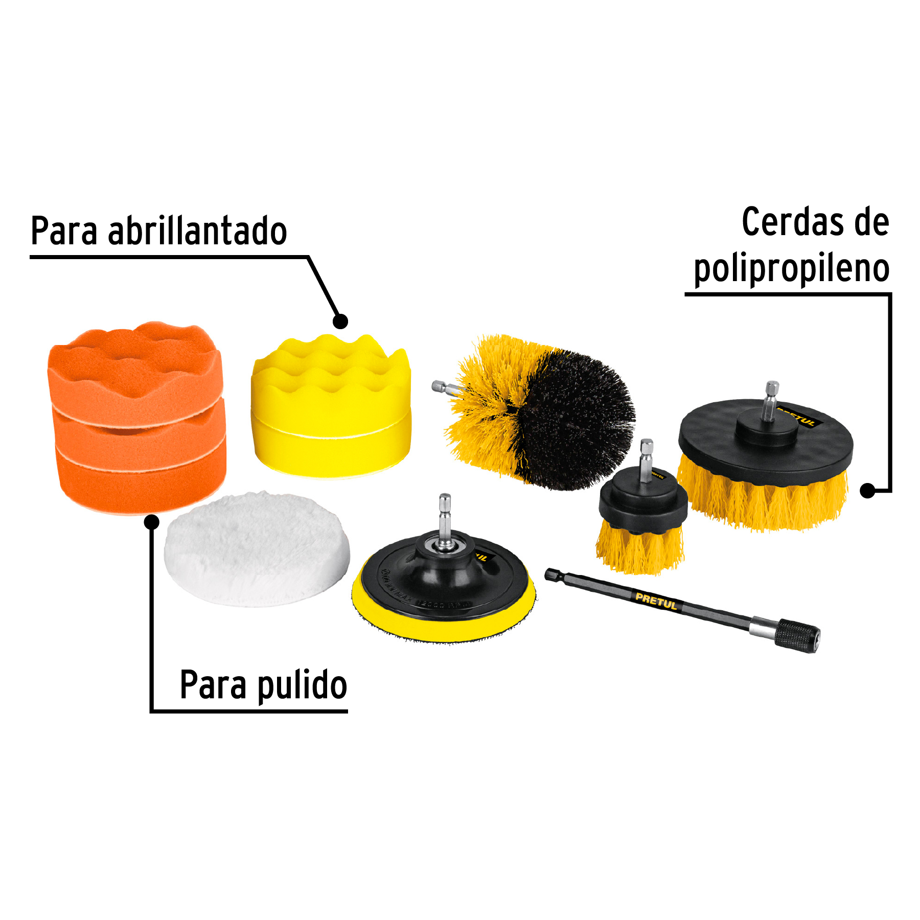 JUEGO 11 ACCESORIOS DE LIMPIEZA Y PULIDO P/TALADRO, PRETUL 27190