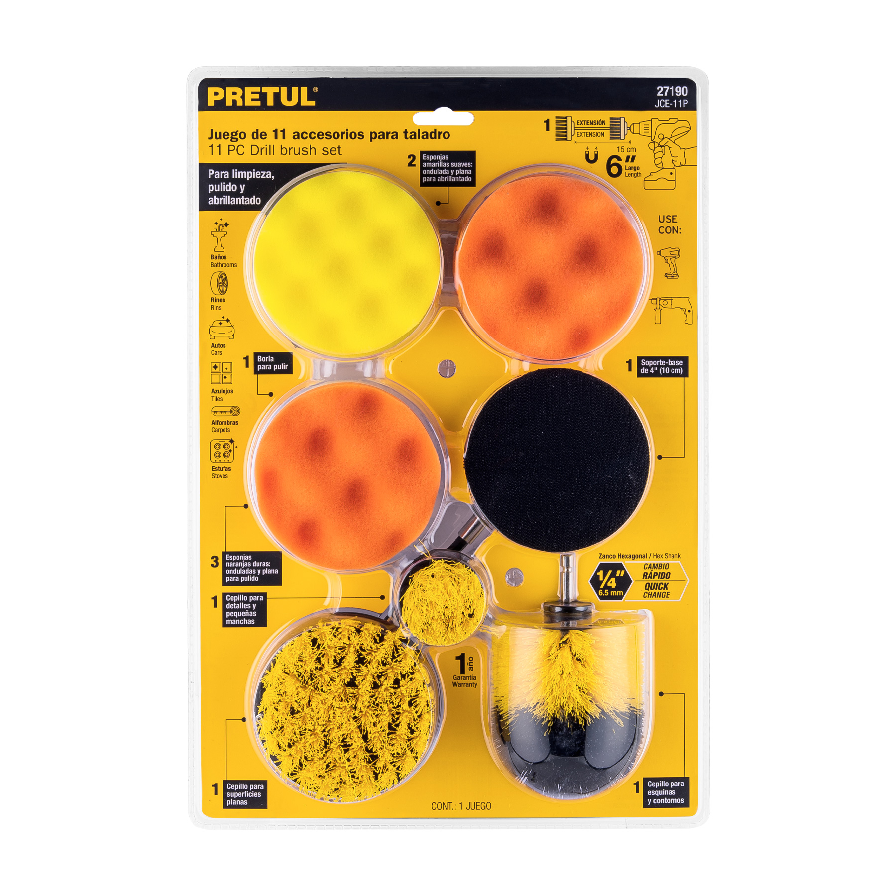 JUEGO 11 ACCESORIOS DE LIMPIEZA Y PULIDO P/TALADRO, PRETUL 27190