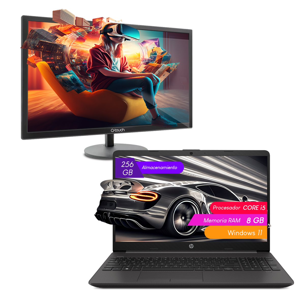 Combo Laptop HP 240 G8 Intel CI5-1135G7 8GB 256GB ssd 14Pulg hd W11H mx + Monitor Qtouch.