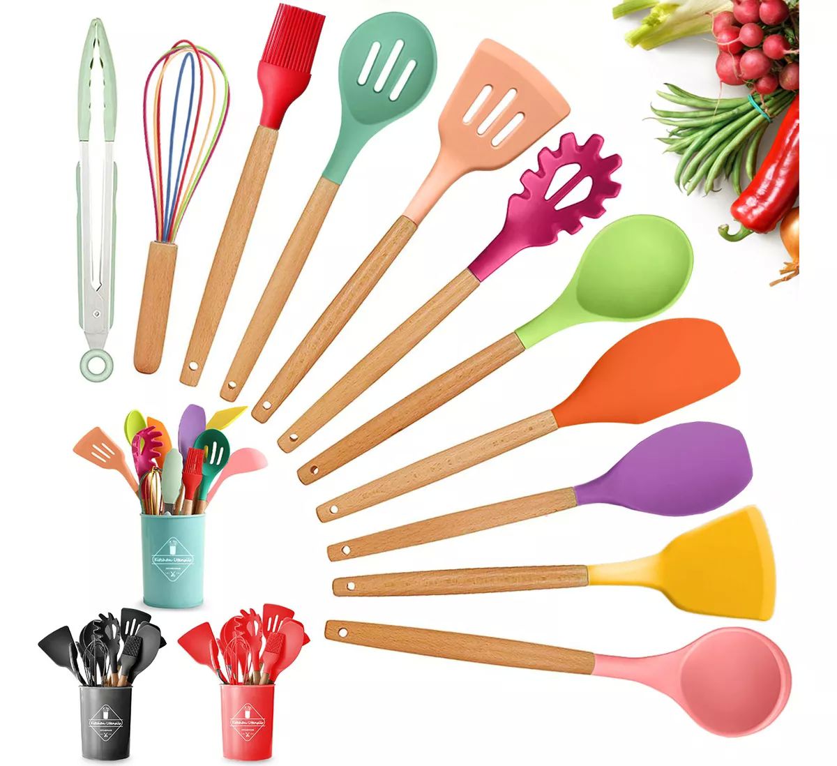 Utensilios de Cocina de silicona Espatulas, palas, Reposteria Set de 12 piezas 5 colores a elegir