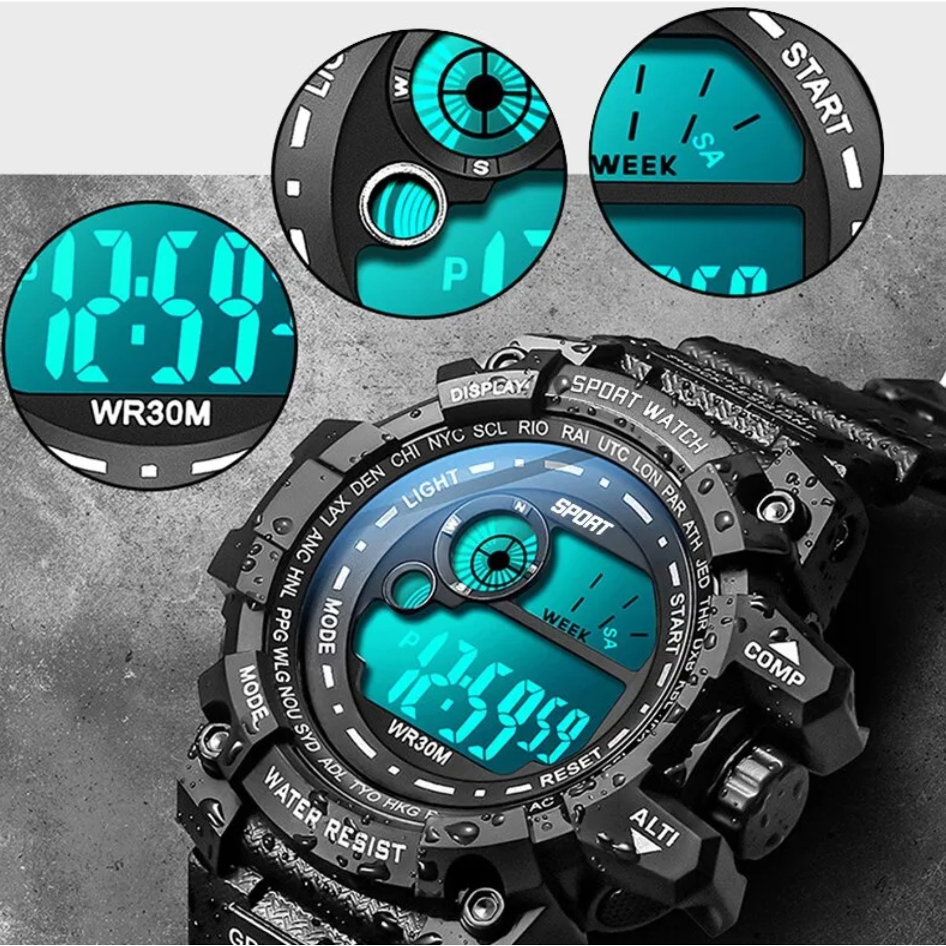 Relojes digitales LED luminosos deportivos resistentes agua fecha militar táctico negro buceo