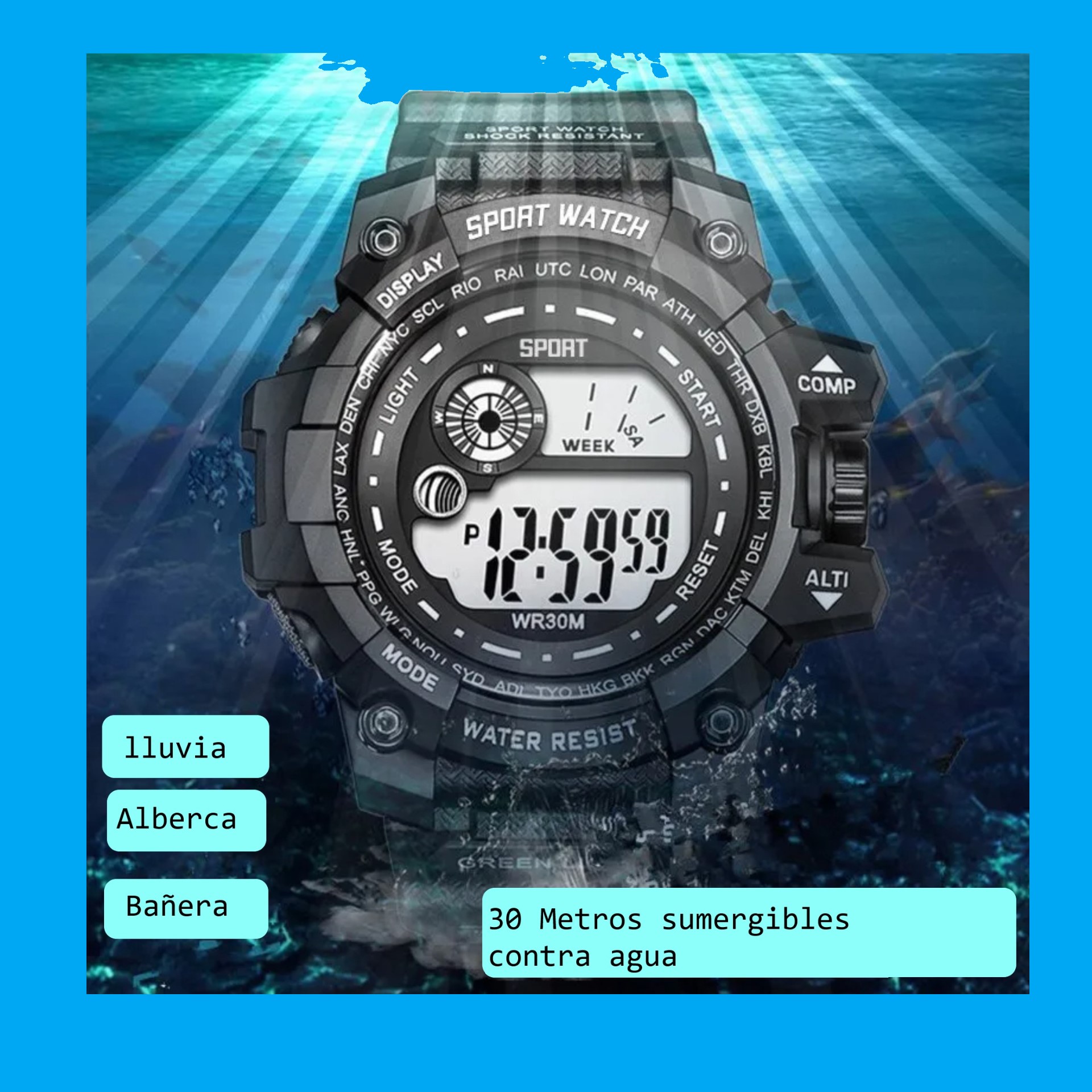 Relojes digitales LED luminosos deportivos resistentes agua fecha militar táctico negro buceo