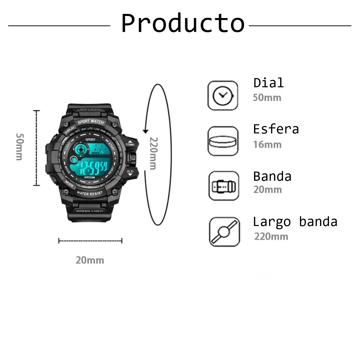 Relojes digitales LED luminosos deportivos resistentes agua fecha militar táctico negro buceo