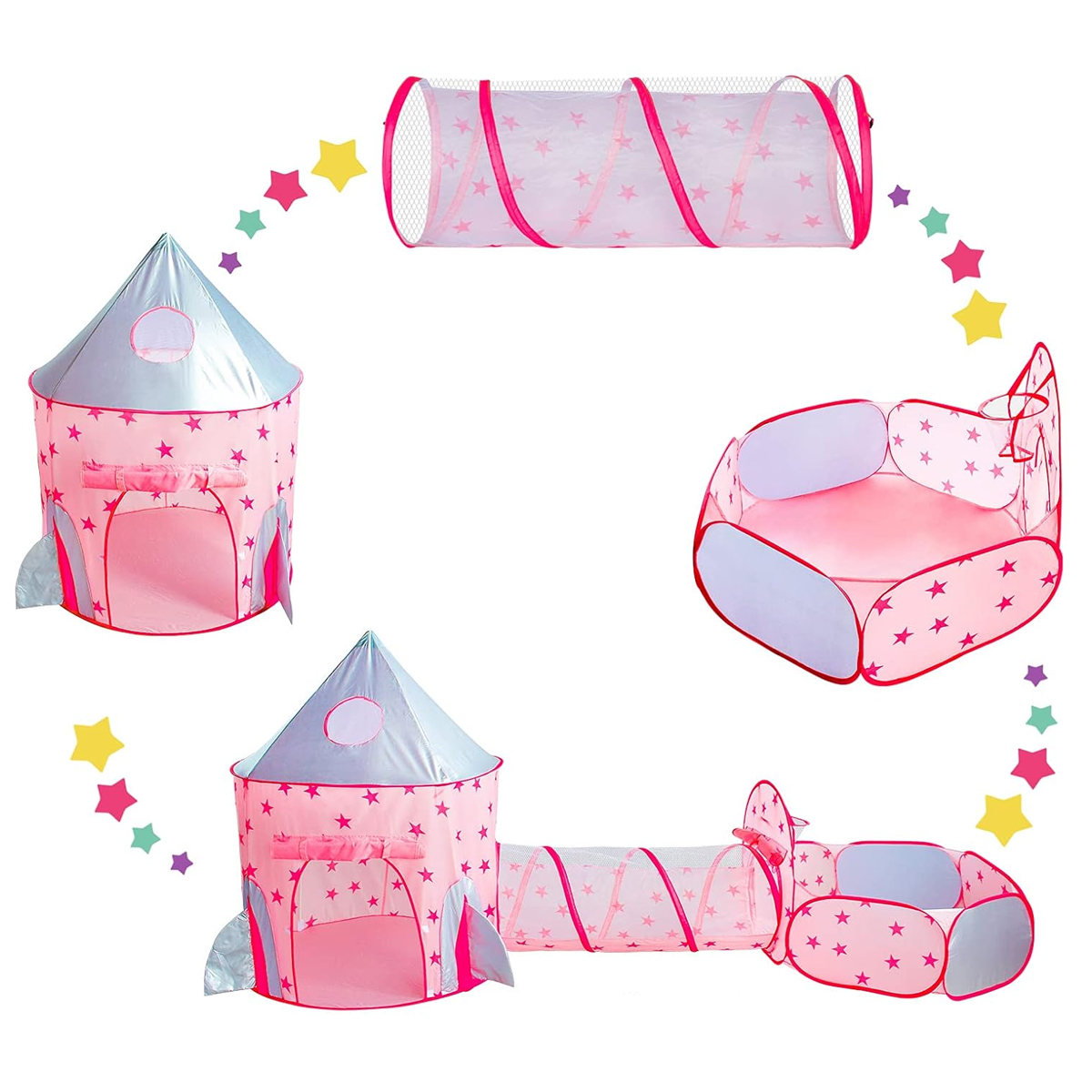 Casa de campaña para niños Tienda+ Tunel + Alberca Astronauta Cohete Rosa