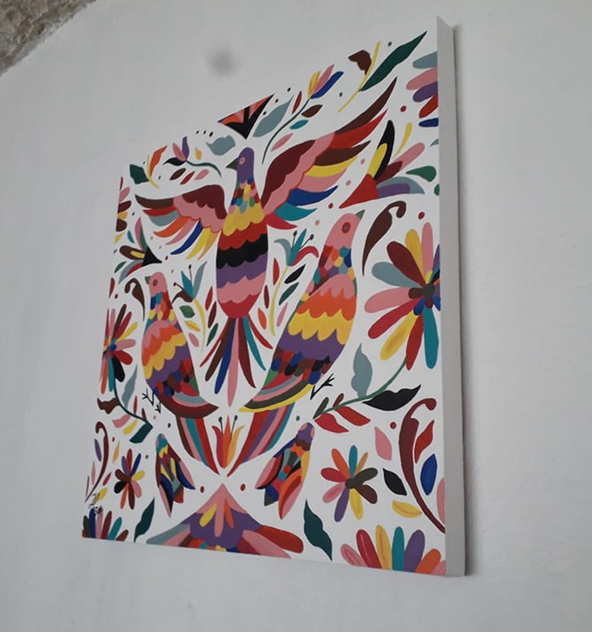Cuadro decorativo pintado a mano Galería Oneris 3 Pájaros de colores OTOMI 60X60