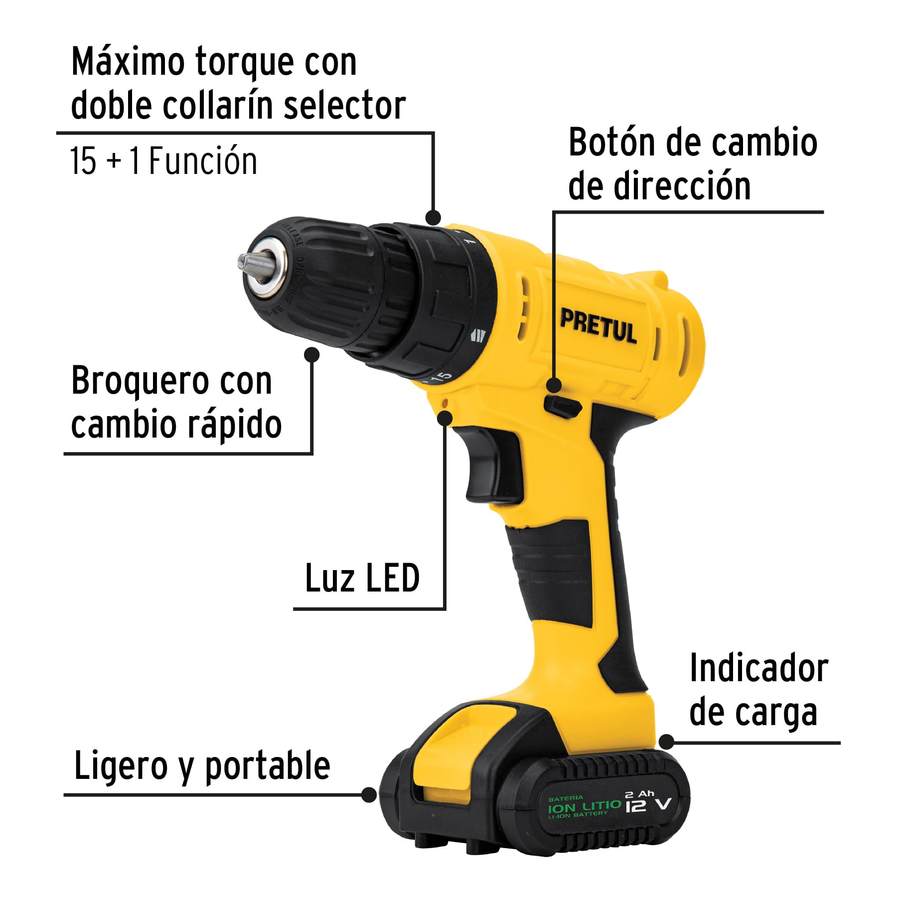 KIT TALADRO INALÁMBRICO 3/8", 12 V, Y ACCESORIOS CON ESTUCHE PRETUL 27120