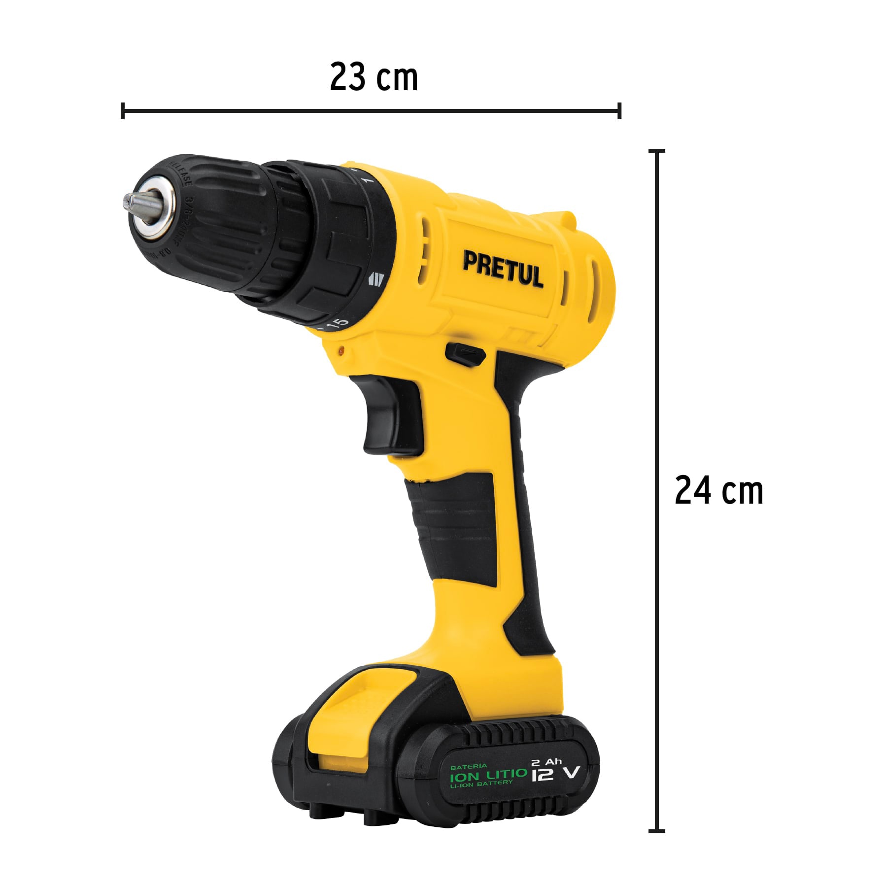 KIT TALADRO INALÁMBRICO 3/8", 12 V, Y ACCESORIOS CON ESTUCHE PRETUL 27120