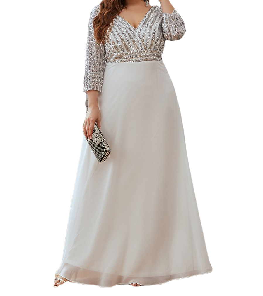 Vestido Elegante de Fiesta Largo Curvy Blanco Novia Boda con Lentejuela Manga Larga Cuello V Tallas Ch y Tallas Extra