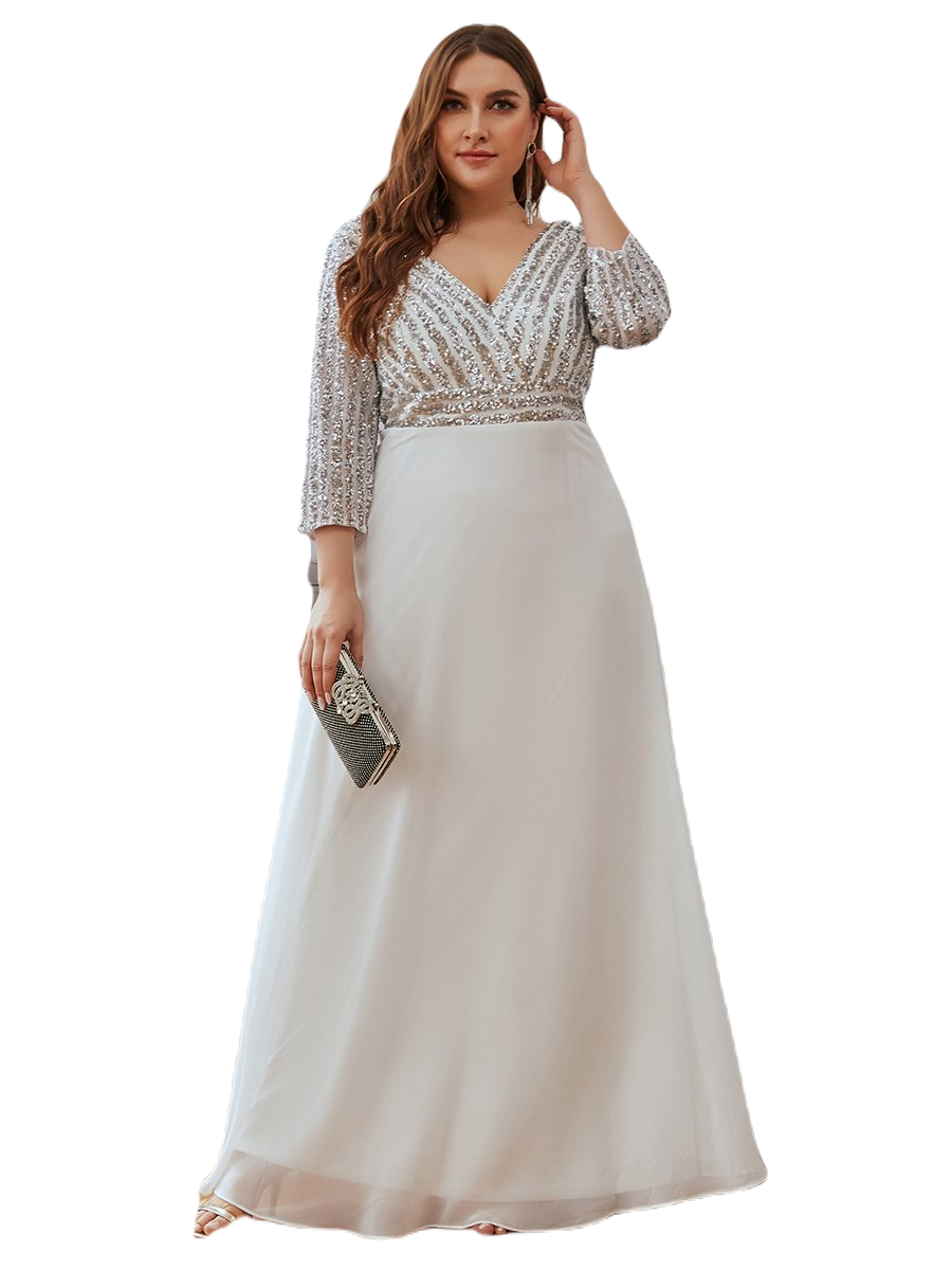 Vestido Elegante de Fiesta Largo Curvy Blanco Novia Boda con Lentejuela Manga Larga Cuello V Tallas Ch y Tallas Extra