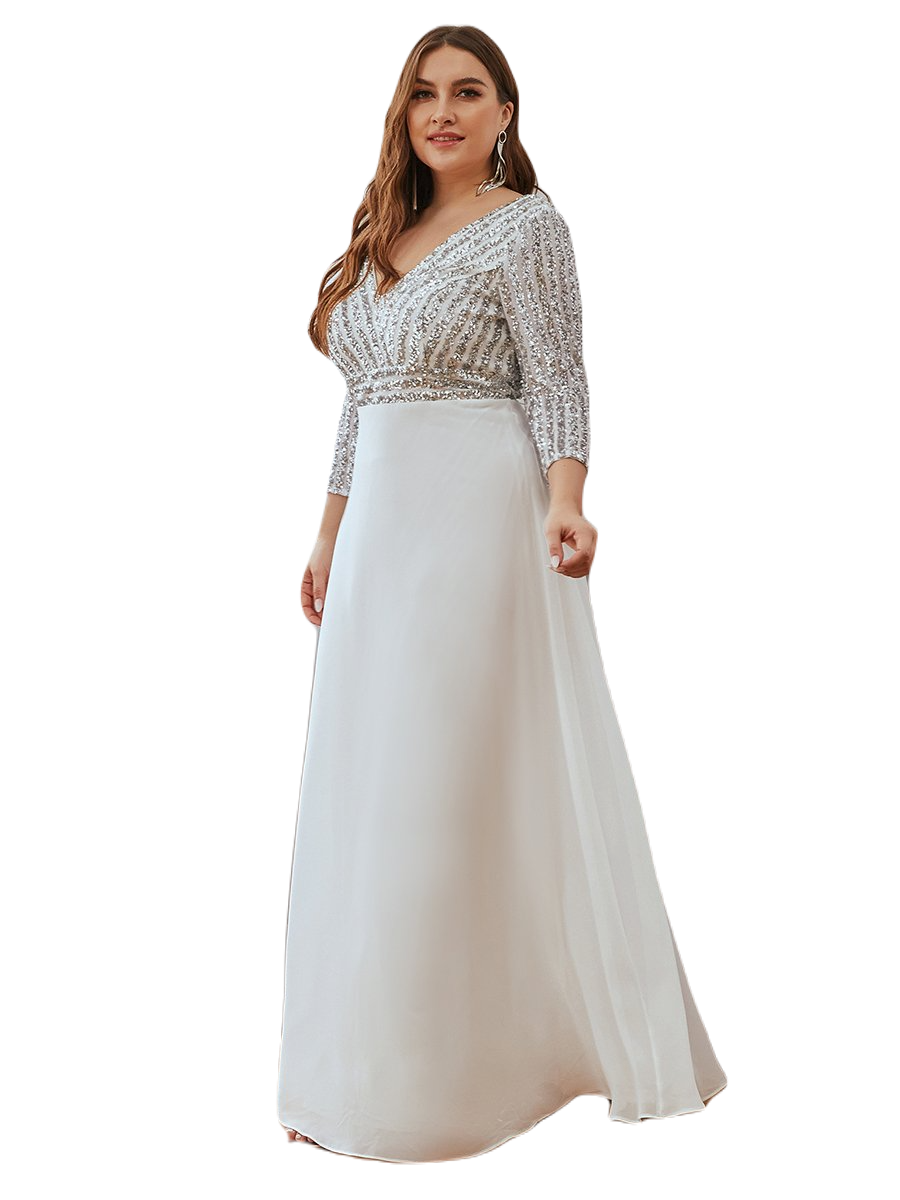 Vestido Elegante de Fiesta Largo Curvy Blanco Novia Boda con Lentejuela Manga Larga Cuello V Tallas Ch y Tallas Extra