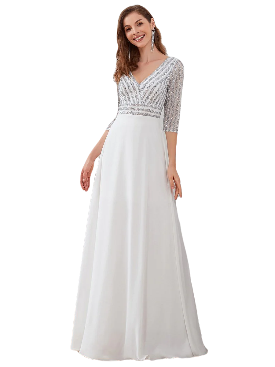 Vestido Elegante de Fiesta Largo Curvy Blanco Novia Boda con Lentejuela Manga Larga Cuello V Tallas Ch y Tallas Extra