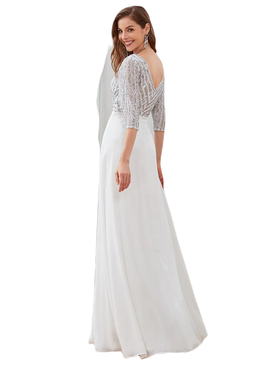 Vestido Elegante de Fiesta Largo Curvy Blanco Novia Boda con Lentejuela Manga Larga Cuello V Tallas Ch y Tallas Extra