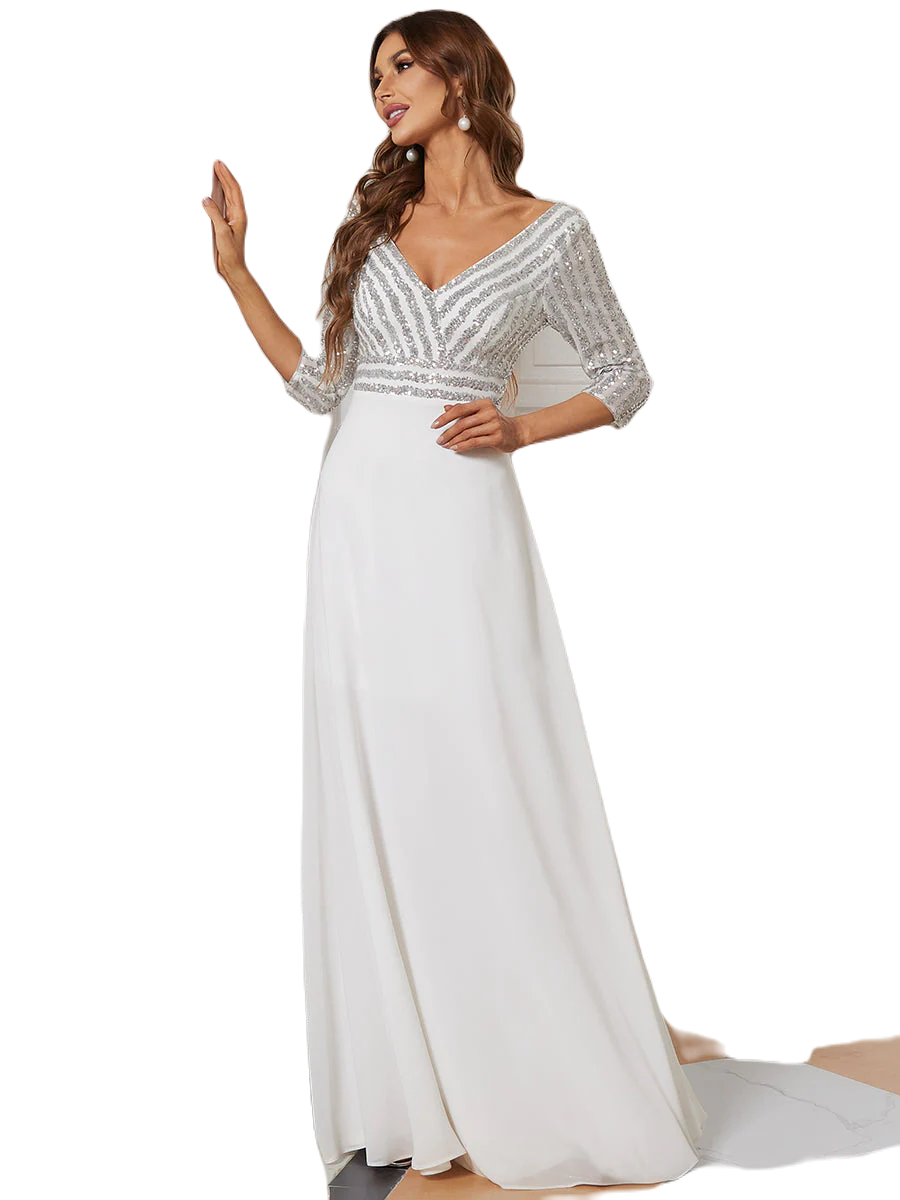 Vestido Elegante de Fiesta Largo Curvy Blanco Novia Boda con Lentejuela Manga Larga Cuello V Tallas Ch y Tallas Extra
