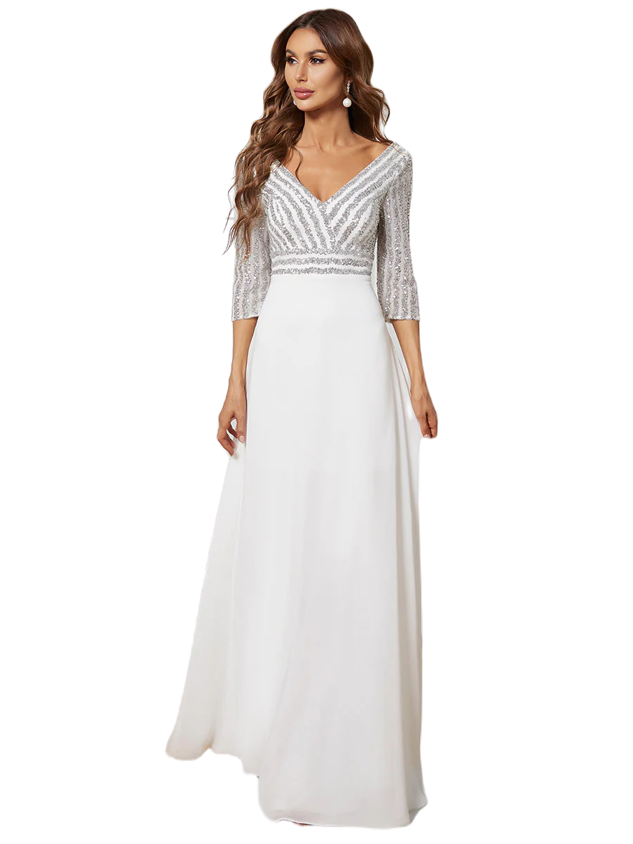 Vestido Elegante de Fiesta Largo Curvy Blanco Novia Boda con Lentejuela Manga Larga Cuello V Tallas Ch y Tallas Extra