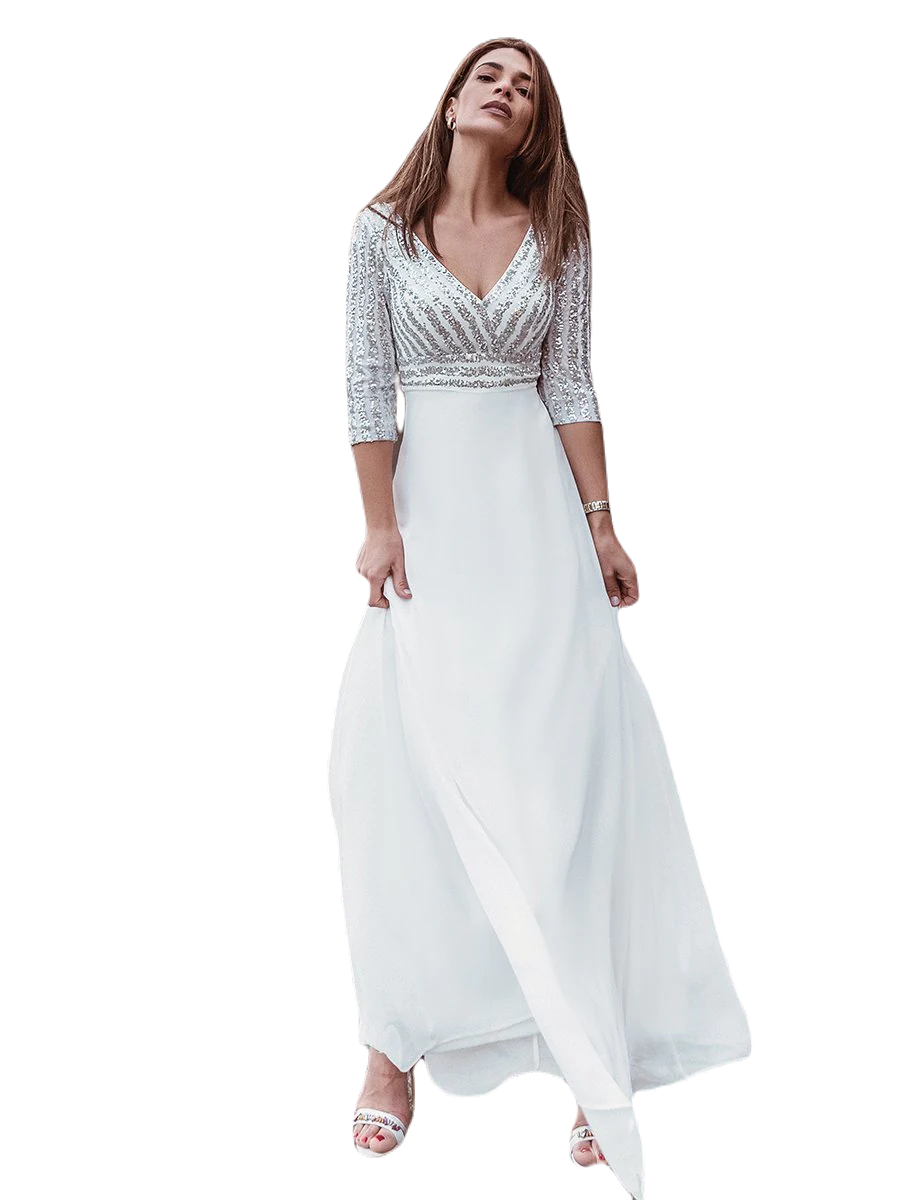 Vestido Elegante de Fiesta Largo Curvy Blanco Novia Boda con Lentejuela Manga Larga Cuello V Tallas Ch y Tallas Extra