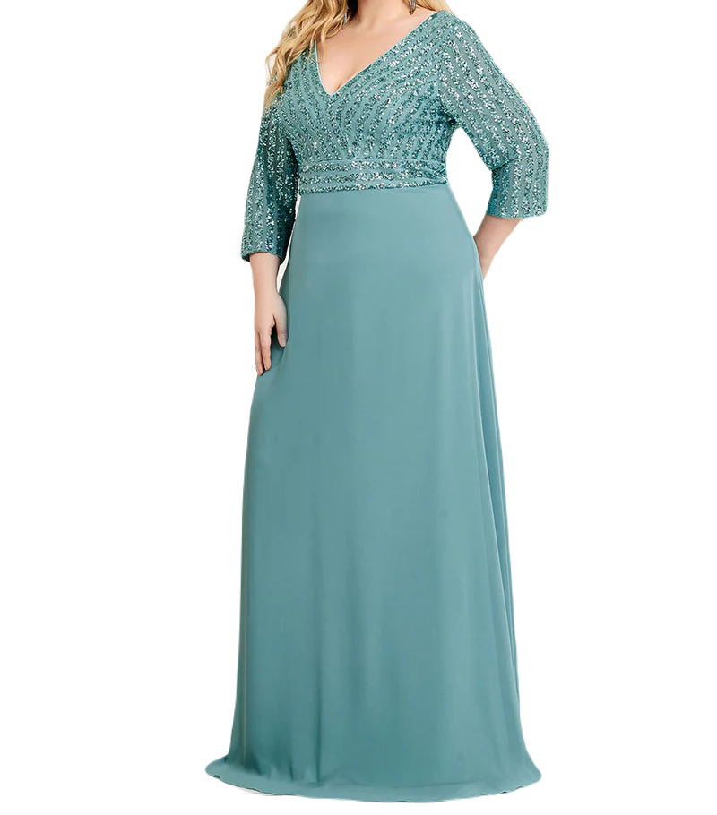 Vestido Elegante de Fiesta Largo Curvy Turquesa Dusty con Lentejuela Manga Larga Cuello V Tallas Ch y Tallas Extra