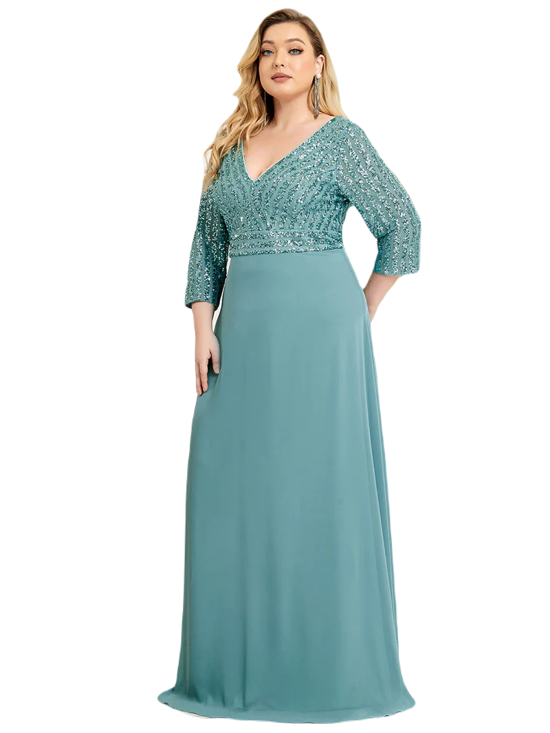 Vestido Elegante de Fiesta Largo Curvy Turquesa Dusty con Lentejuela Manga Larga Cuello V Tallas Ch y Tallas Extra