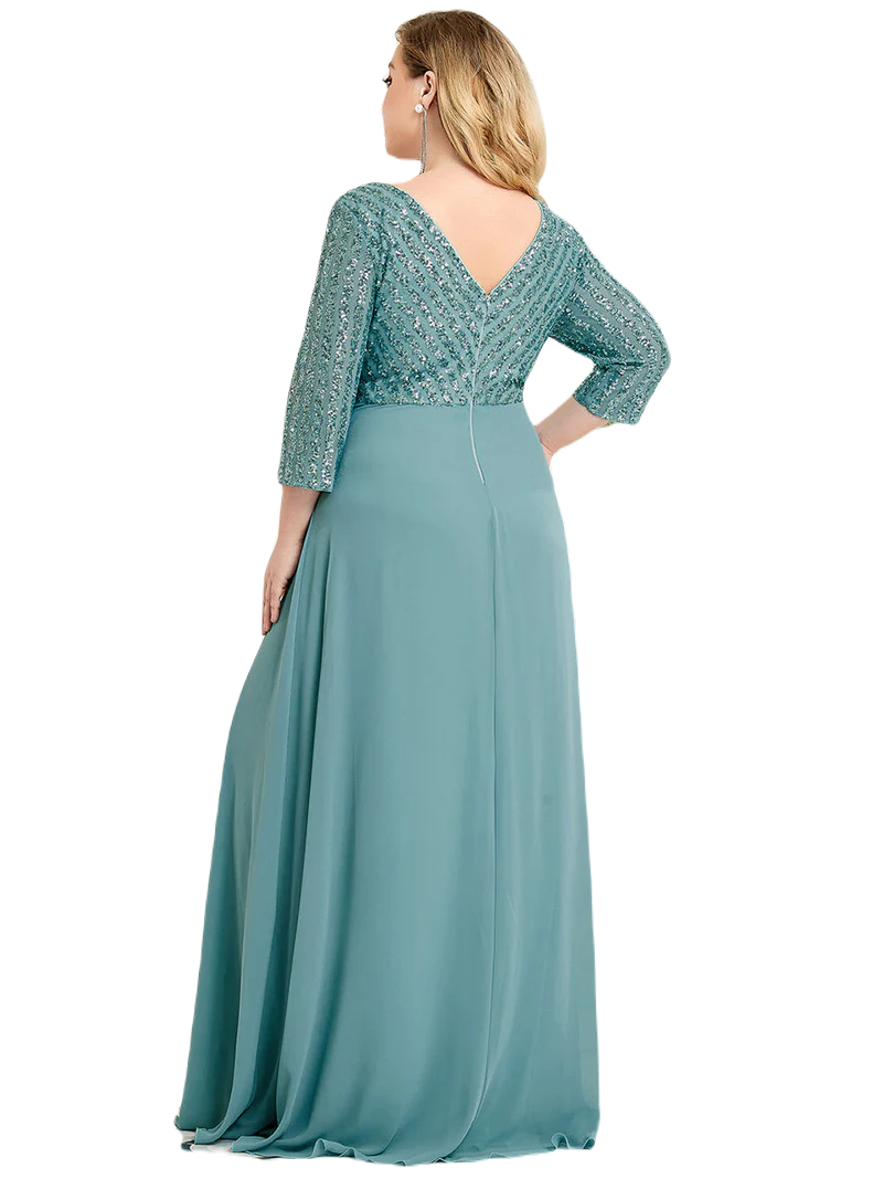 Vestido Elegante de Fiesta Largo Curvy Turquesa Dusty con Lentejuela Manga Larga Cuello V Tallas Ch y Tallas Extra