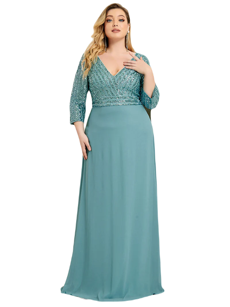 Vestido Elegante de Fiesta Largo Curvy Turquesa Dusty con Lentejuela Manga Larga Cuello V Tallas Ch y Tallas Extra