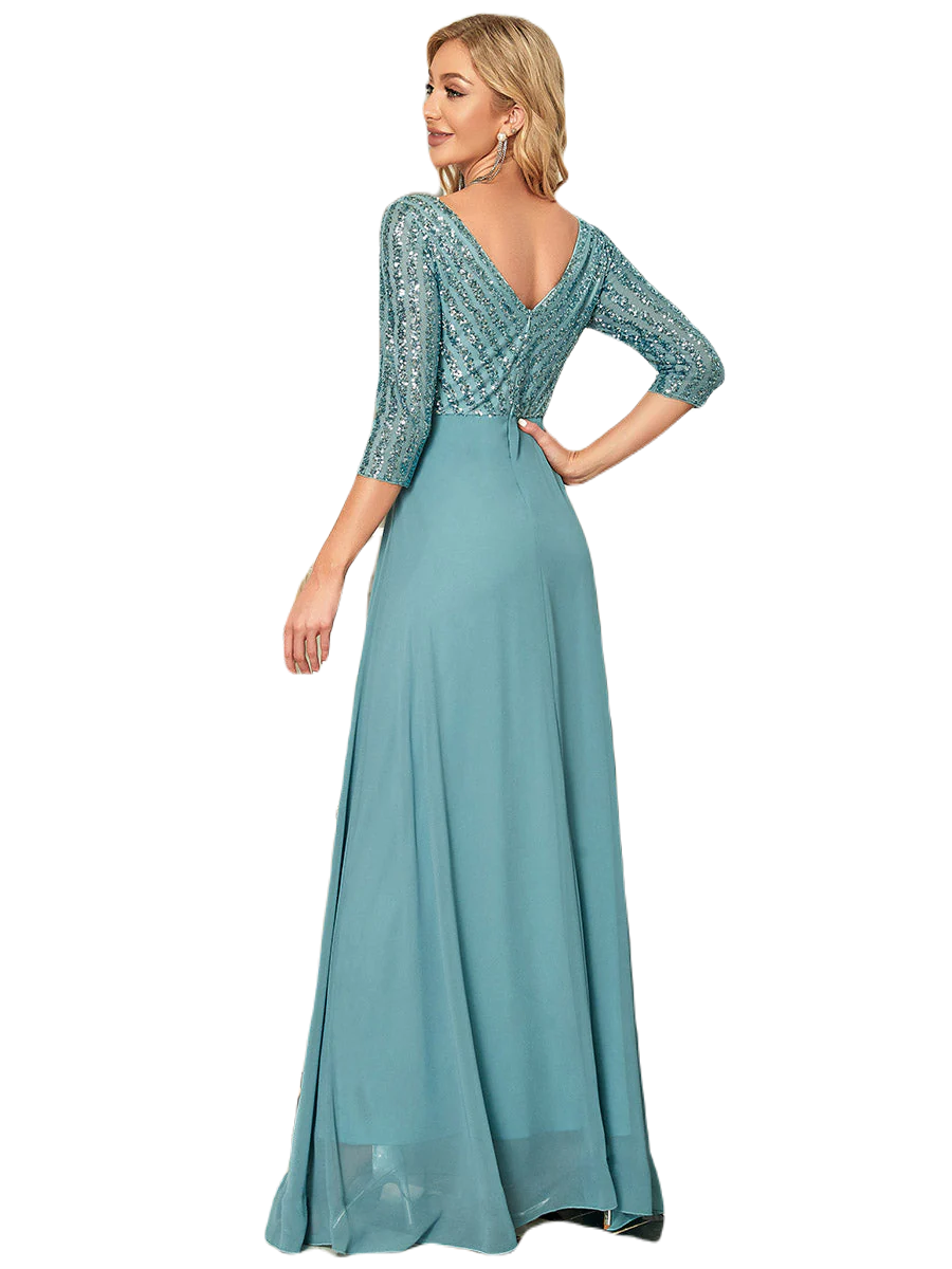 Vestido Elegante de Fiesta Largo Curvy Turquesa Dusty con Lentejuela Manga Larga Cuello V Tallas Ch y Tallas Extra