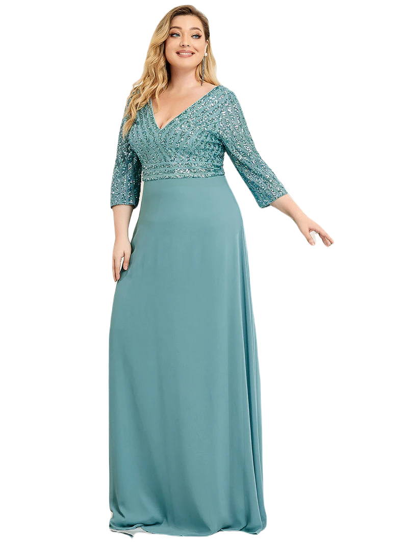 Vestido Elegante de Fiesta Largo Curvy Turquesa Dusty con Lentejuela Manga Larga Cuello V Tallas Ch y Tallas Extra