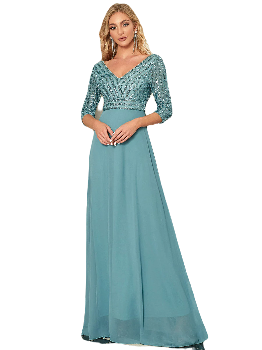 Vestido Elegante de Fiesta Largo Curvy Turquesa Dusty con Lentejuela Manga Larga Cuello V Tallas Ch y Tallas Extra