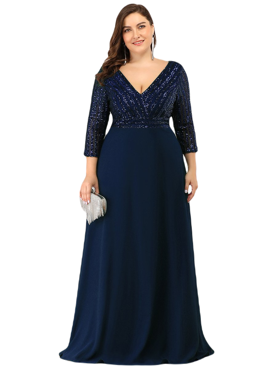 Vestido Elegante de Fiesta Largo Curvy Azul Marino con Lentejuela Manga Larga Cuello V Tallas Ch y Tallas Extra