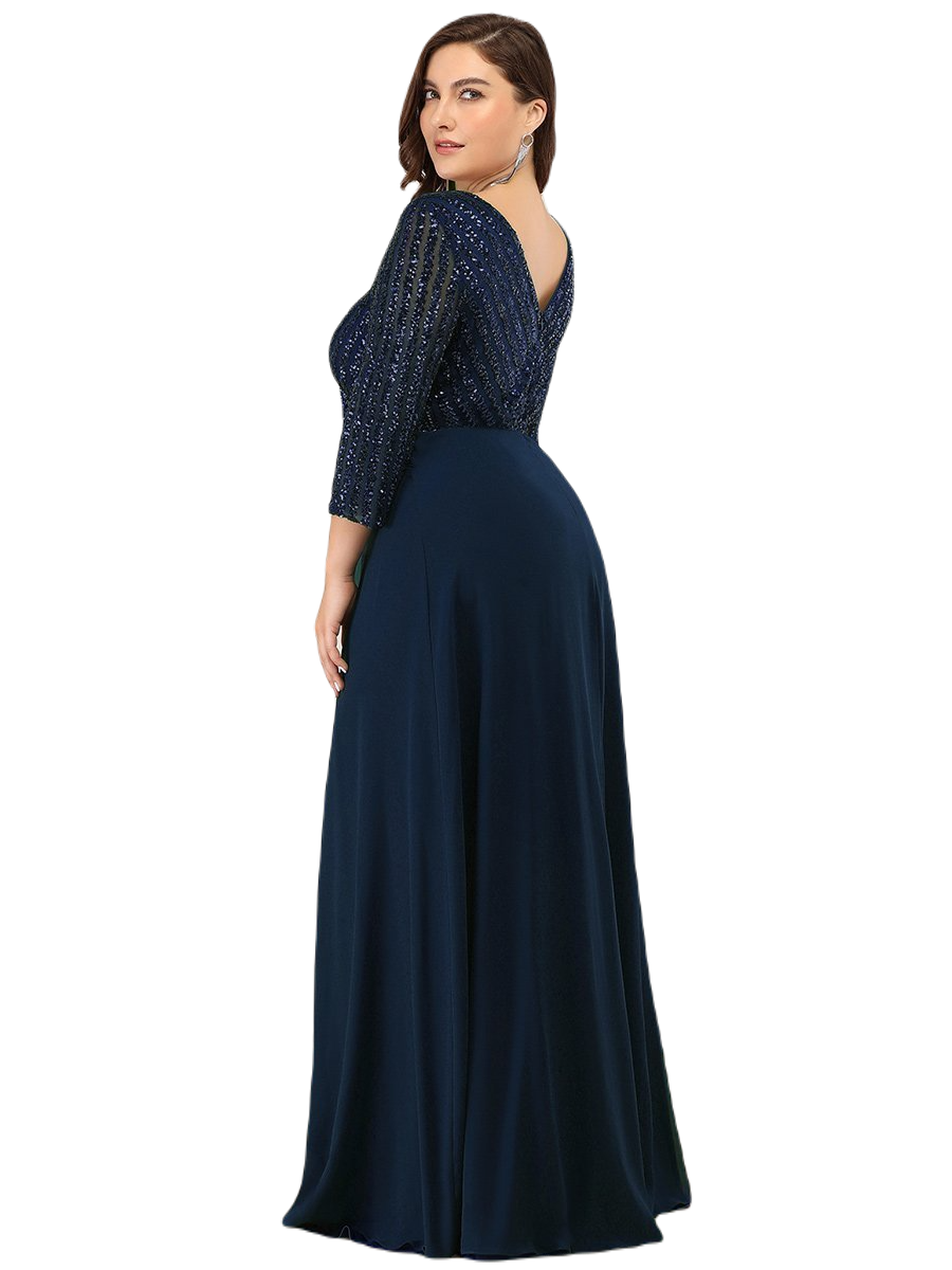 Vestido Elegante de Fiesta Largo Curvy Azul Marino con Lentejuela Manga Larga Cuello V Tallas Ch y Tallas Extra