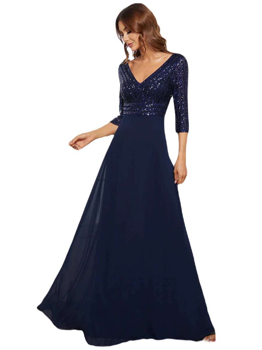 Vestido Elegante de Fiesta Largo Curvy Azul Marino con Lentejuela Manga Larga Cuello V Tallas Ch y Tallas Extra