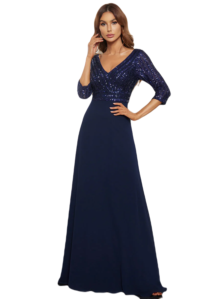 Vestido Elegante de Fiesta Largo Curvy Azul Marino con Lentejuela Manga Larga Cuello V Tallas Ch y Tallas Extra