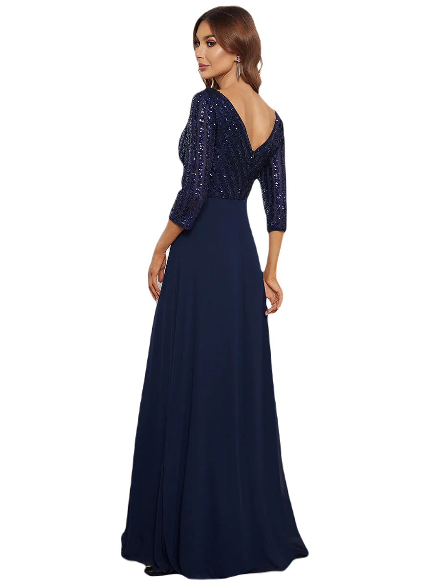 Vestido Elegante de Fiesta Largo Curvy Azul Marino con Lentejuela Manga Larga Cuello V Tallas Ch y Tallas Extra