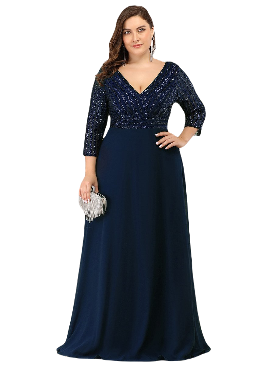 Vestido Elegante de Fiesta Largo Curvy Azul Marino con Lentejuela Manga Larga Cuello V Tallas Ch y Tallas Extra
