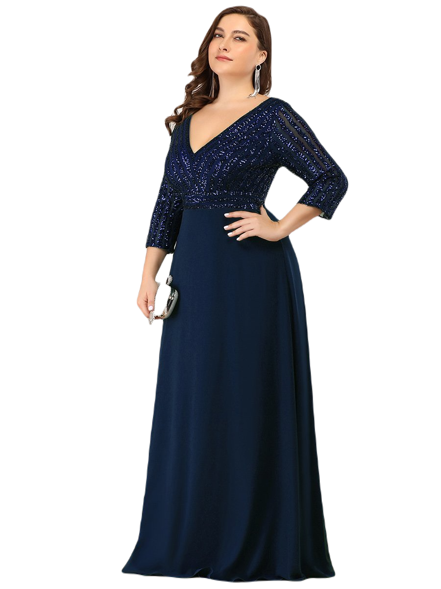 Vestido Elegante de Fiesta Largo Curvy Azul Marino con Lentejuela Manga Larga Cuello V Tallas Ch y Tallas Extra