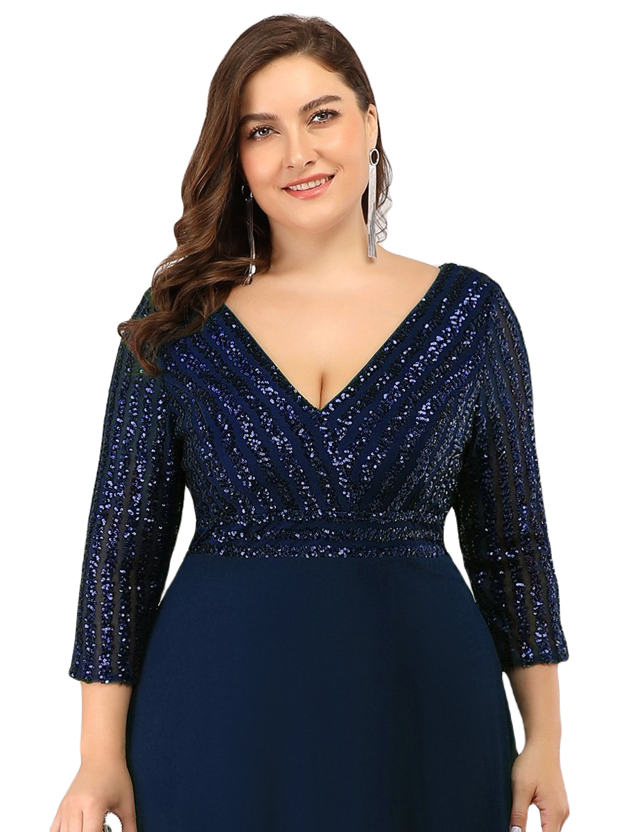 Vestido Elegante de Fiesta Largo Curvy Azul Marino con Lentejuela Manga Larga Cuello V Tallas Ch y Tallas Extra