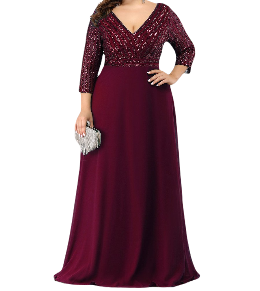 Vestido Elegante de Fiesta Largo Curvy Guinda Vino con Lentejuela Manga Larga Cuello V Tallas Ch y Tallas Extra