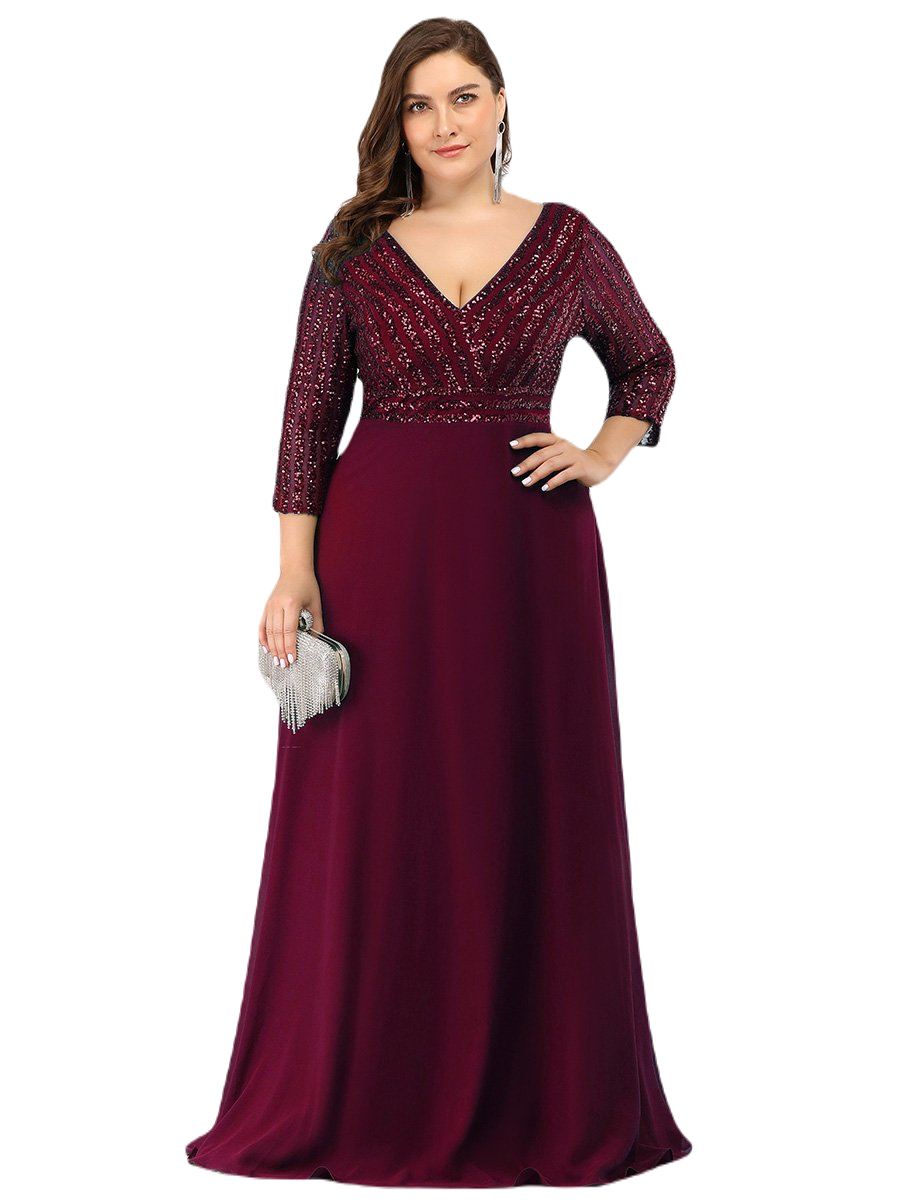 Vestido Elegante de Fiesta Largo Curvy Guinda Vino con Lentejuela Manga Larga Cuello V Tallas Ch y Tallas Extra