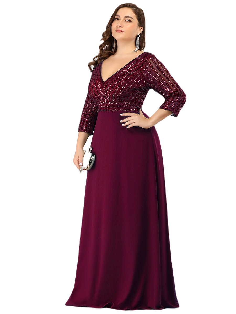 Vestido Elegante de Fiesta Largo Curvy Guinda Vino con Lentejuela Manga Larga Cuello V Tallas Ch y Tallas Extra