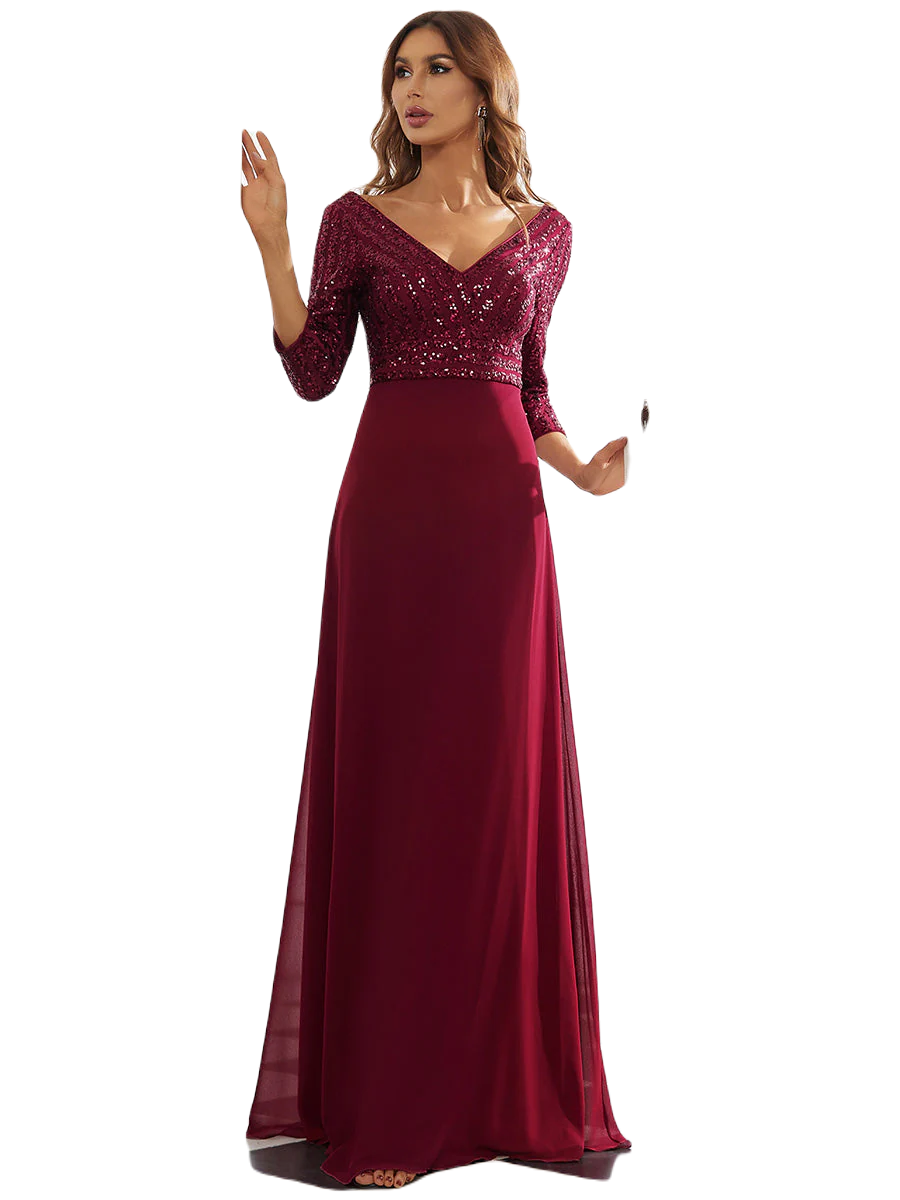 Vestido Elegante de Fiesta Largo Curvy Guinda Vino con Lentejuela Manga Larga Cuello V Tallas Ch y Tallas Extra