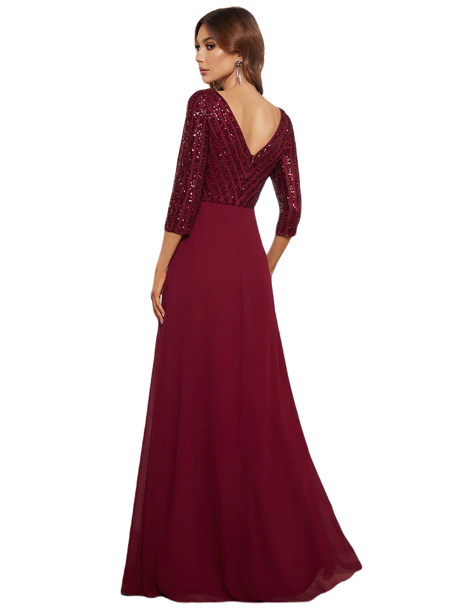 Vestido Elegante de Fiesta Largo Curvy Guinda Vino con Lentejuela Manga Larga Cuello V Tallas Ch y Tallas Extra