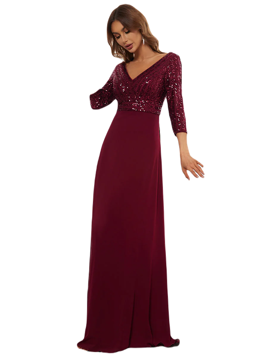 Vestido Elegante de Fiesta Largo Curvy Guinda Vino con Lentejuela Manga Larga Cuello V Tallas Ch y Tallas Extra