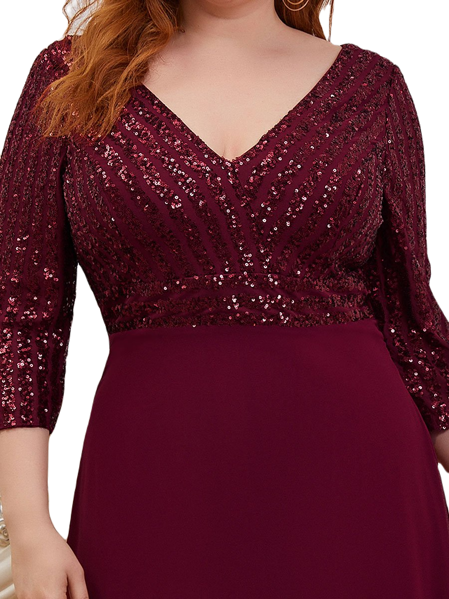 Vestido Elegante de Fiesta Largo Curvy Guinda Vino con Lentejuela Manga Larga Cuello V Tallas Ch y Tallas Extra