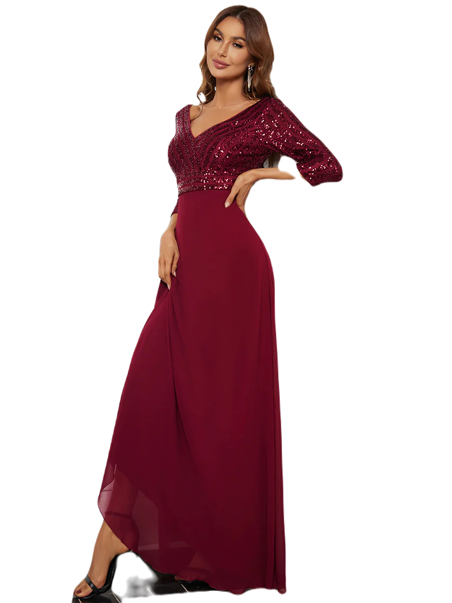 Vestido Elegante de Fiesta Largo Curvy Guinda Vino con Lentejuela Manga Larga Cuello V Tallas Ch y Tallas Extra
