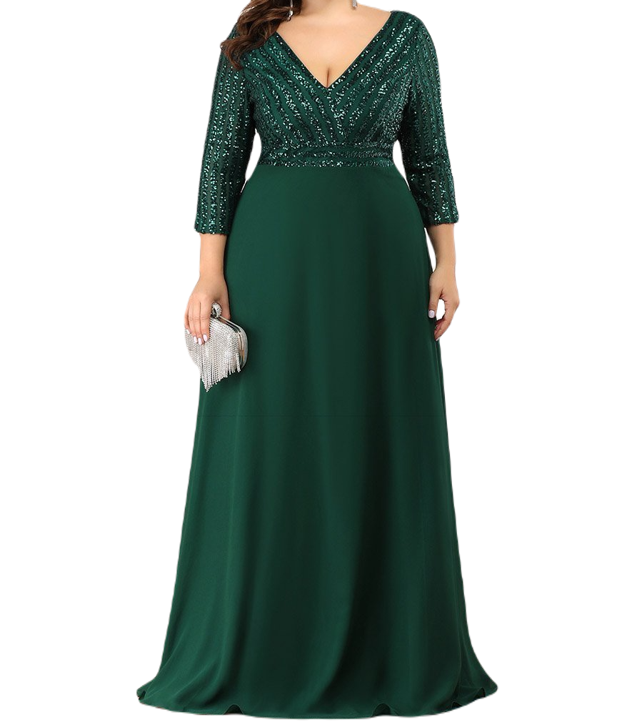 Vestido Elegante de Fiesta Largo Curvy Verde Esmeralda con Lentejuela Manga Larga Cuello V Tallas Ch y Tallas Extra