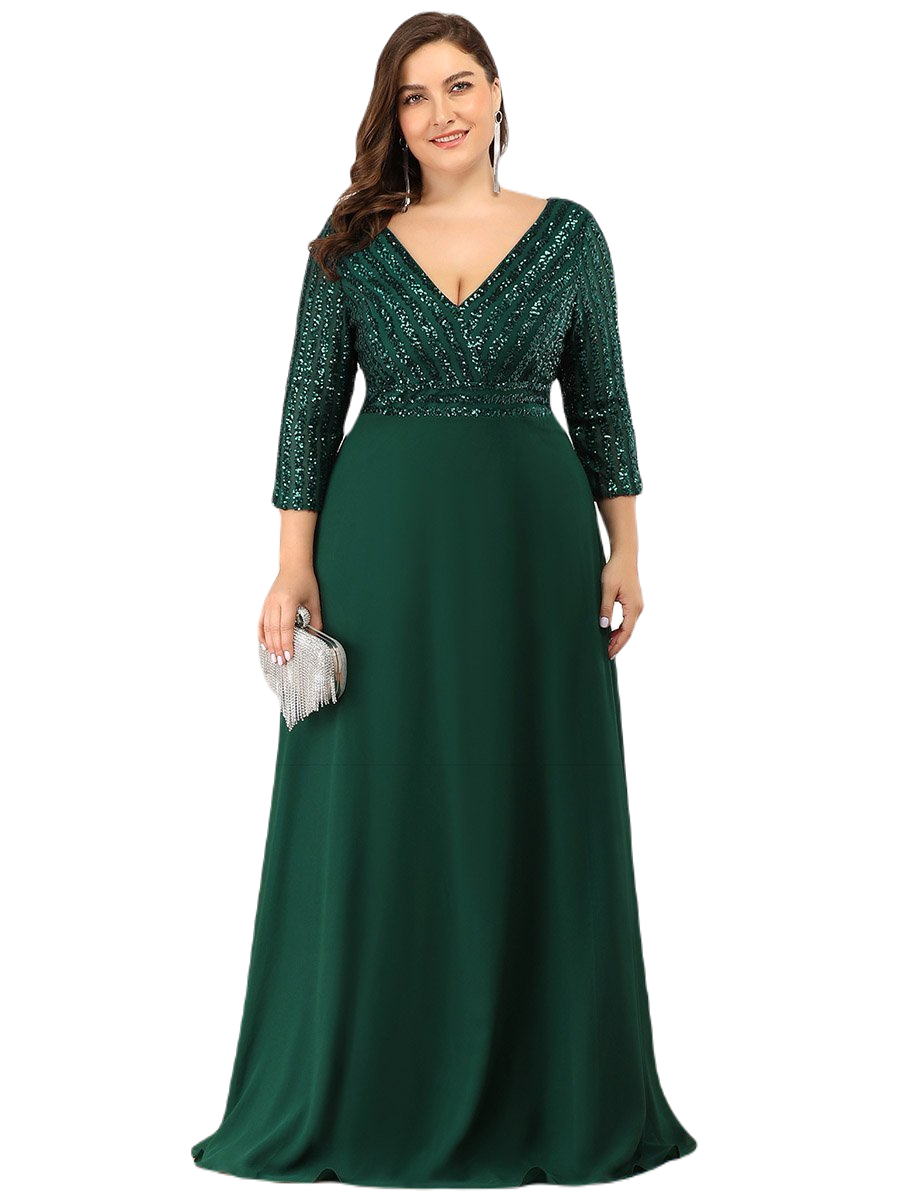 Vestido Elegante de Fiesta Largo Curvy Verde Esmeralda con Lentejuela Manga Larga Cuello V Tallas Ch y Tallas Extra