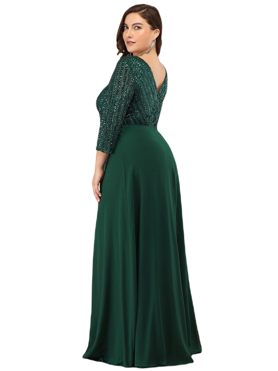 Vestido Elegante de Fiesta Largo Curvy Verde Esmeralda con Lentejuela Manga Larga Cuello V Tallas Ch y Tallas Extra