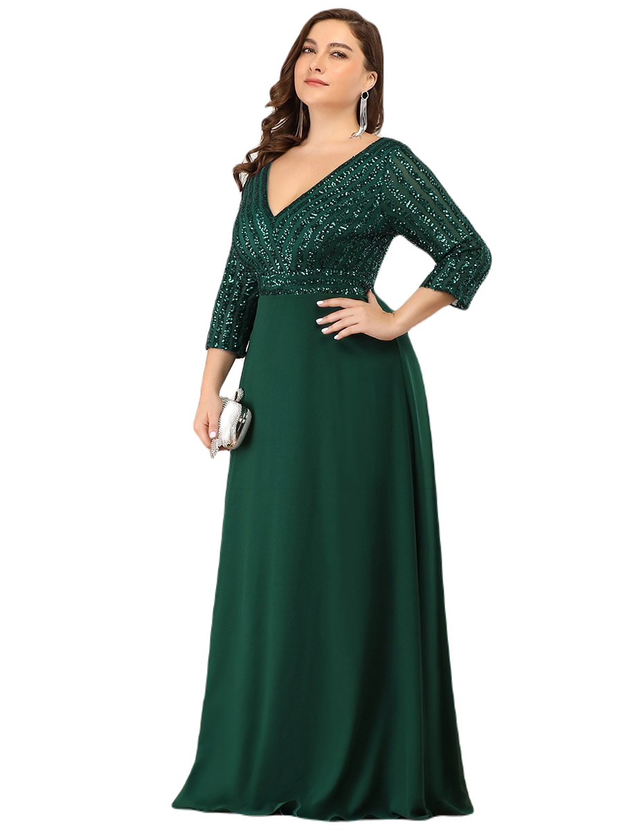 Vestido Elegante de Fiesta Largo Curvy Verde Esmeralda con Lentejuela Manga Larga Cuello V Tallas Ch y Tallas Extra