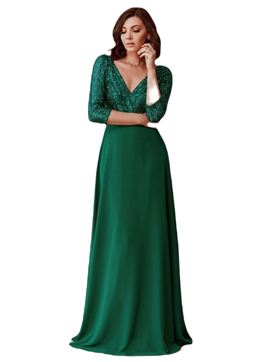 Vestido Elegante de Fiesta Largo Curvy Verde Esmeralda con Lentejuela Manga Larga Cuello V Tallas Ch y Tallas Extra
