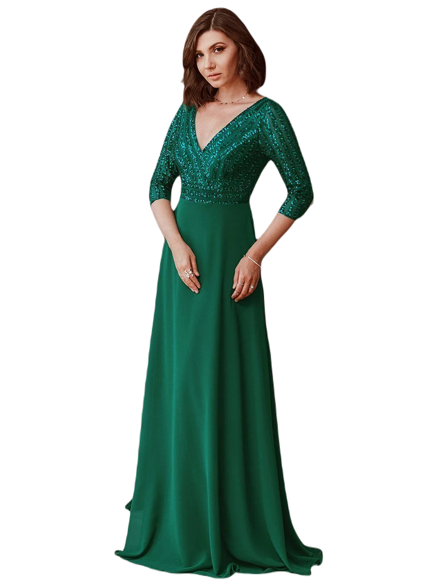Vestido Elegante de Fiesta Largo Curvy Verde Esmeralda con Lentejuela Manga Larga Cuello V Tallas Ch y Tallas Extra
